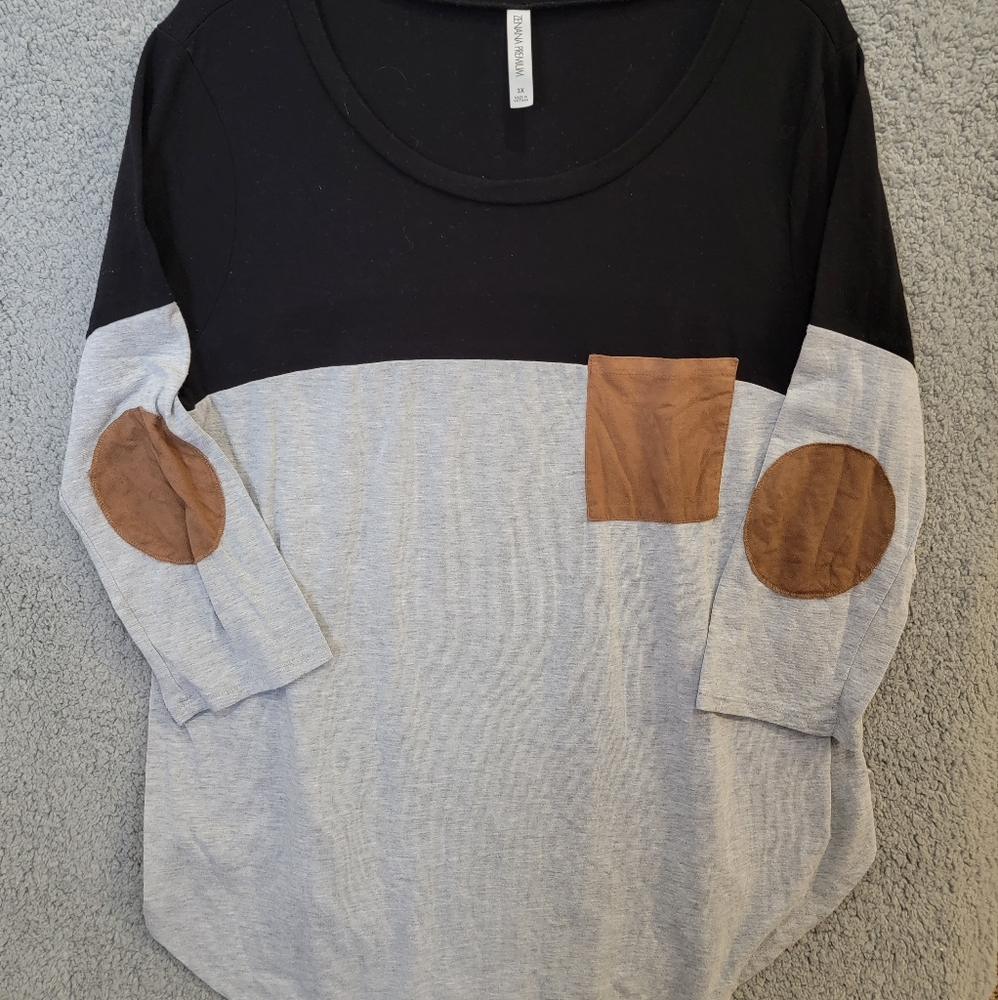 Zenana Premium Size 3X Black and Gray Colorblock Tan Patch 3/4 Sleeves